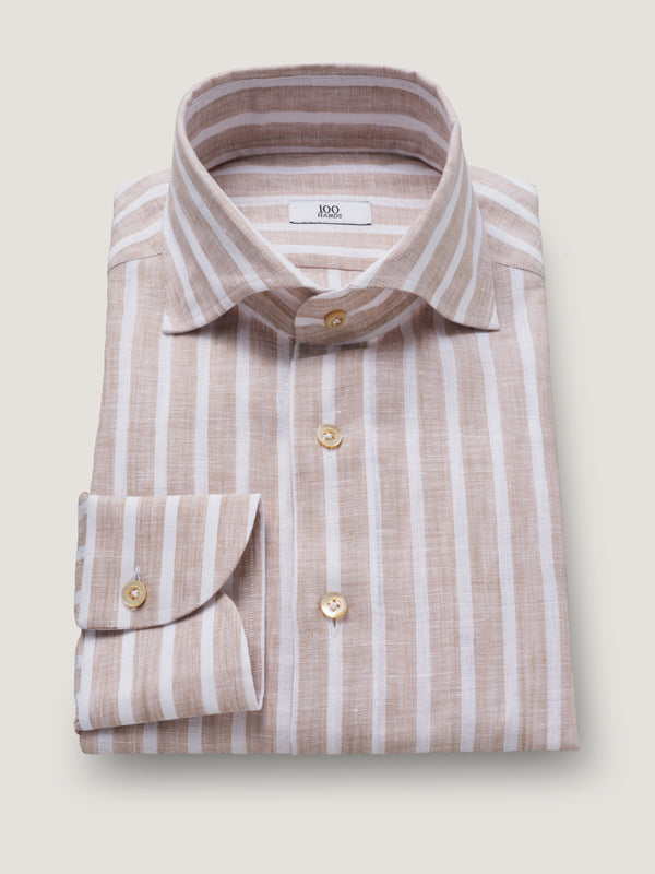 Beige Wide Stripe Irish Linen Shirt